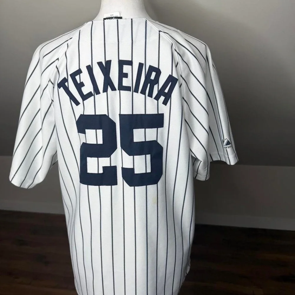 Majestic New York Yankees Mark Teixeira 25 Pinstripe MLB Baseball Jersey White - Picture 3 of 8